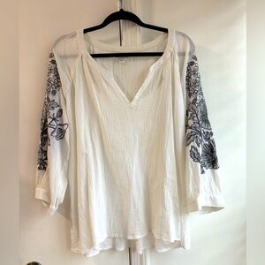 J.Jill Pure Jill Embroidered 3/4 Sleeve V Neck Cotton Top White Peasant XL